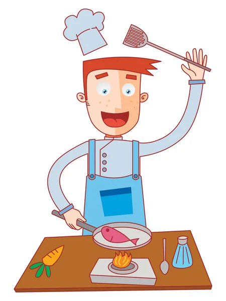 Illustration Chef Cooking Fish — Stock Vector