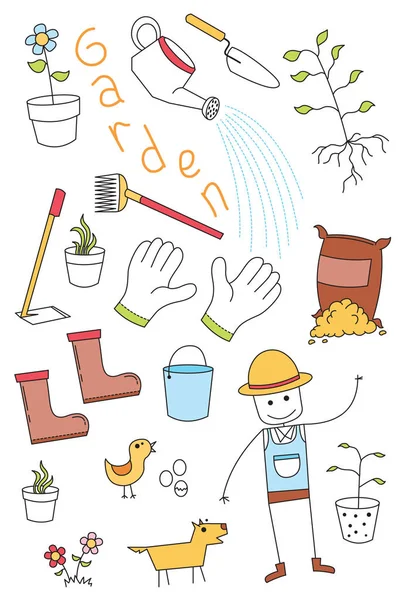 Doodle Set Von Gartenwerkzeugen — Stockvektor