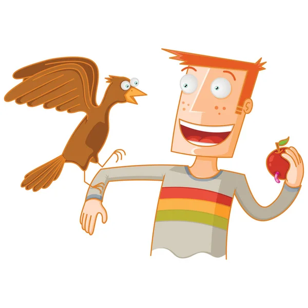 りんごで鳥に餌をやる男 — ストックベクタ