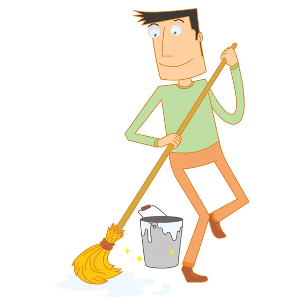 Man Mopping Floor Happily — Stock Vector