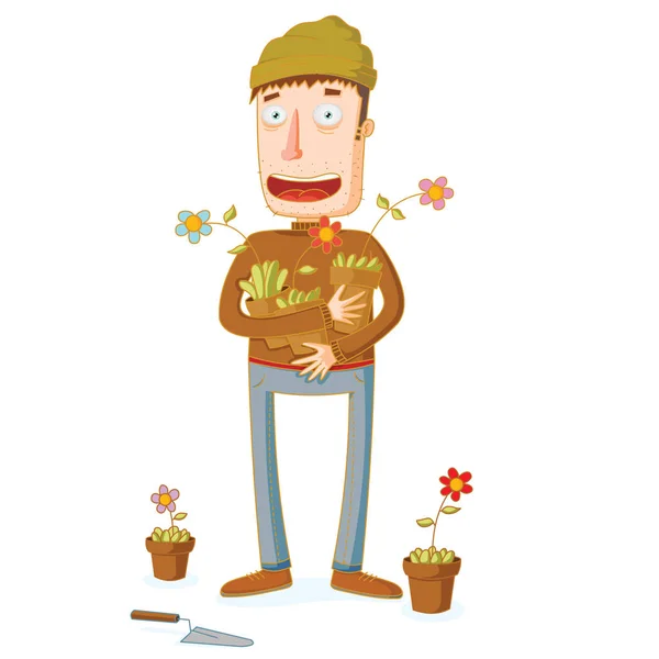 Κηπουρός Και Μερικά Λουλούδια Κατσαρόλες — Διανυσματικό Αρχείο