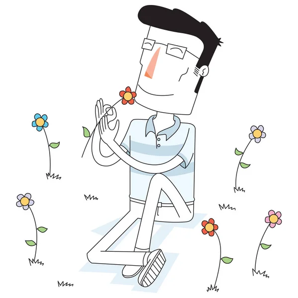 L'homme sent une fleur au jardin de fleurs — Image vectorielle