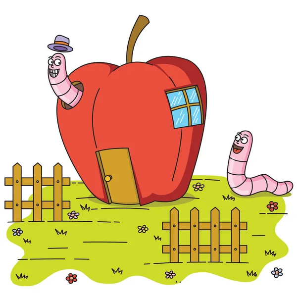 Wormen Een Apple House — Stockvector
