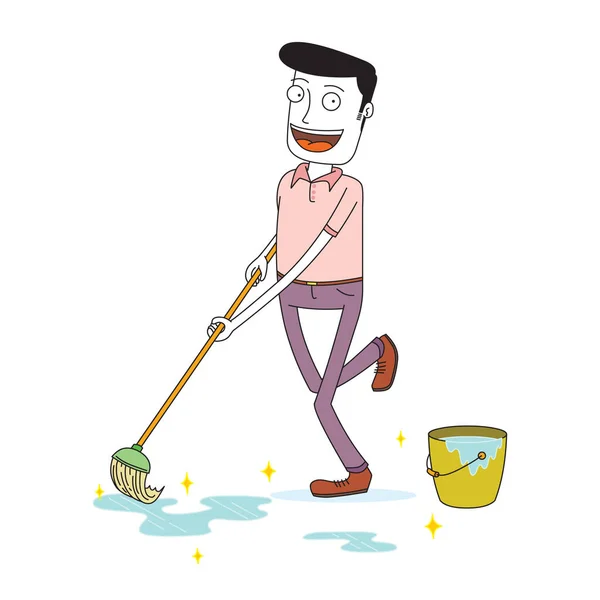 床を喜んで掃く男 — ストックベクタ