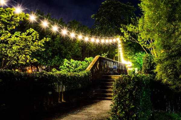 Parlayan asılı ampul ve köprü gecenin Halk Parkı