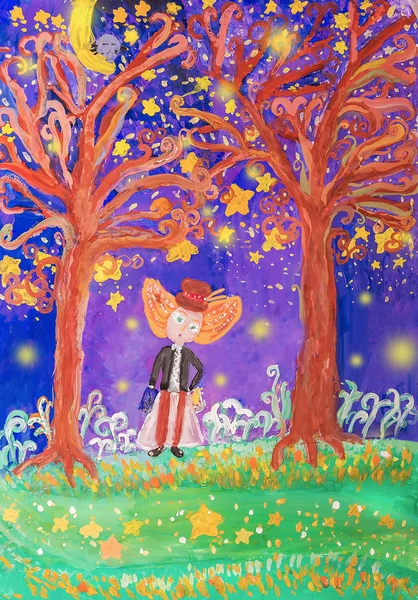 Peri orman sihirbazında. Bir peri masalı ormanın ortasında suluboya sihirbaz boyalı