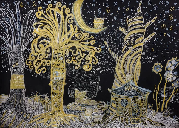 Büyülü orman. Sulu boya gece ormanda boyalı