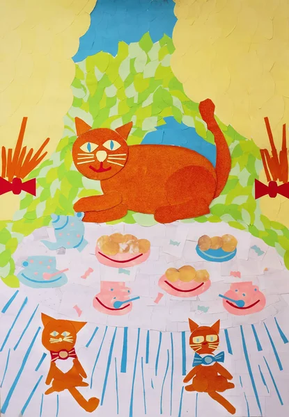 Kedi çayı. Kolaj renkli kağıttan yapılmıştır.