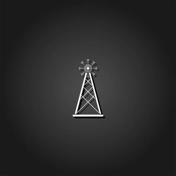 ラジオ塔は フラット アンテナのアイコンを放送しました 影と黒の背景にシンプルな白のピクトグラム ベクトルの図記号 — ストックベクタ
