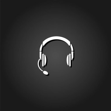 Kulaklık, kulaklık mikrofon simgesi olan düz. Gölge ile siyah arka plan basit beyaz piktogram. Vektör çizim simgesi