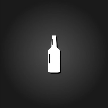 Bira şişe simgesi düz. Gölge ile siyah arka plan basit beyaz piktogram. Vektör çizim simgesi