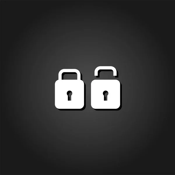 Kilit ve Unlock simgesi düz. Gölge ile siyah arka plan basit beyaz piktogram. Vektör çizim simgesi