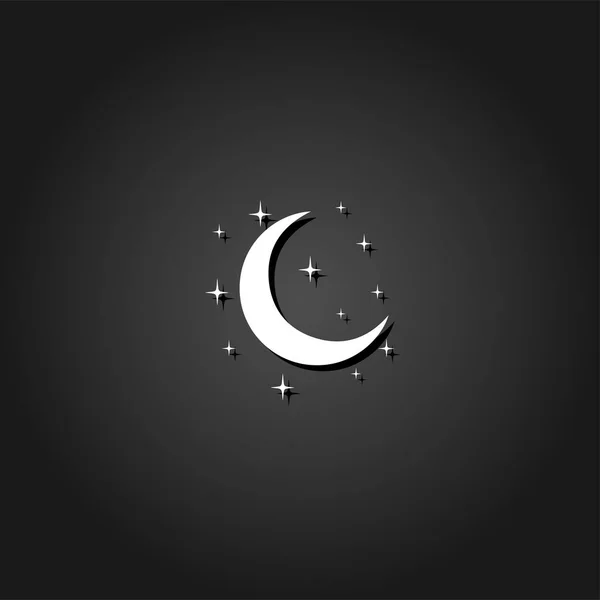 Gece simgesi düz. Gölge ile siyah arka plan basit beyaz piktogram. Vektör çizim simgesi