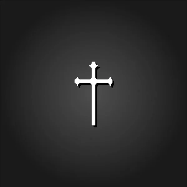 Religion Cross Icon Flat Simple White Pictogram Black Background Shadow — Stock Vector