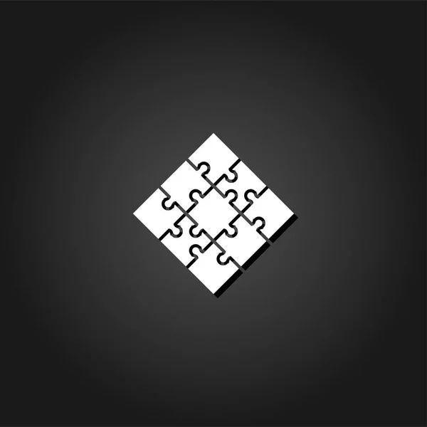 Jigsaw simgesi düz. Gölge ile siyah arka plan basit beyaz piktogram. Vektör çizim simgesi