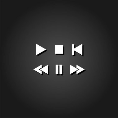 Müzik düğme simgesi düz. Gölge ile siyah arka plan basit beyaz piktogram. Vektör çizim simgesi