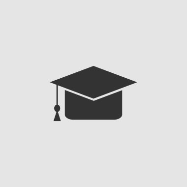 Mezuniyet şapkası simgesi düz. Gri arkaplanda siyah resim. Vektör illüstrasyon sembolü