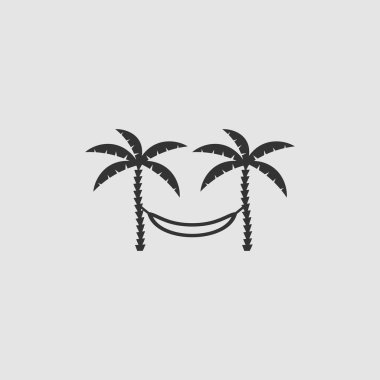 İki palmiye ağacı ikonu arasında gevşetici bir hamak. Gri arkaplanda siyah resim. Vektör illüstrasyon sembolü