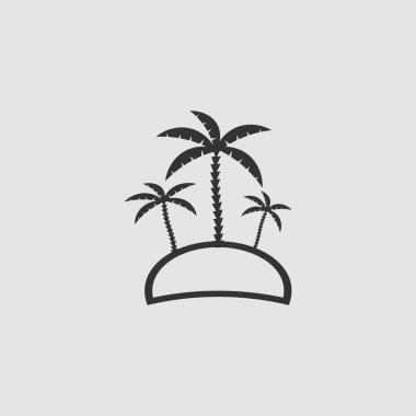Palm Island - seyahat ikonu düzlüğü. Gri arkaplanda siyah resim. Vektör illüstrasyon sembolü