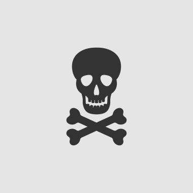 Kafatası simgesi düz. Gri arkaplanda siyah resim. Vektör illüstrasyon sembolü