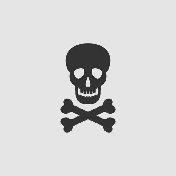 Значок черепа плоский. Черная пиктограмма на сером фоне. Векторная иллюстрация