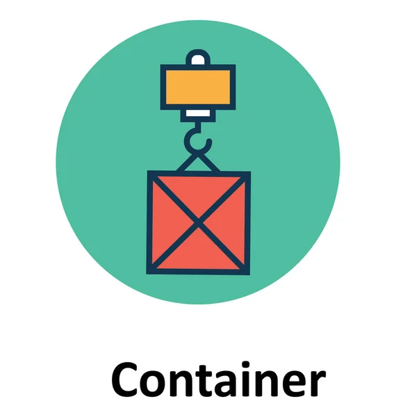 Hijs Container Met Kraan Opvulkleur Met Overzicht Vector Icon — Stockvector