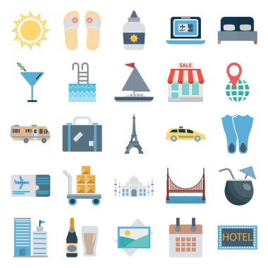 Seyahat ve tur renk vektör izole simgeler oluşur kamera, Araba, içki, Güneş, bina, çay, taksi, gemi, balon, dolar ile,  