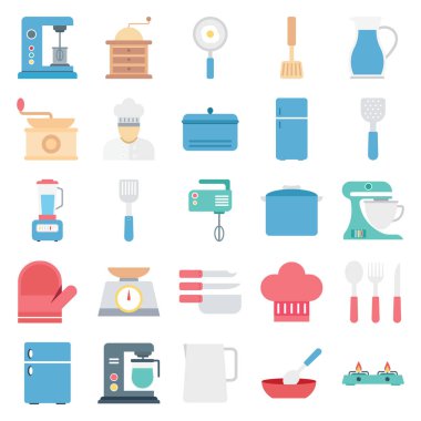 Mutfak ekipmanları renk vektör simgeler izole