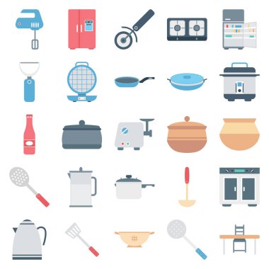 Mutfak ekipmanları renk vektör simgeler izole