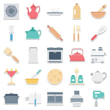 Mutfak ekipmanları renk vektör simgeler izole