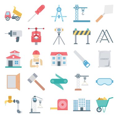 İnşaat izole vektör simgeler ayarla oluşur kamyon, madenci, duvar, Araçlar, bariyer, koni, trafik, binalar ve tuğla, 