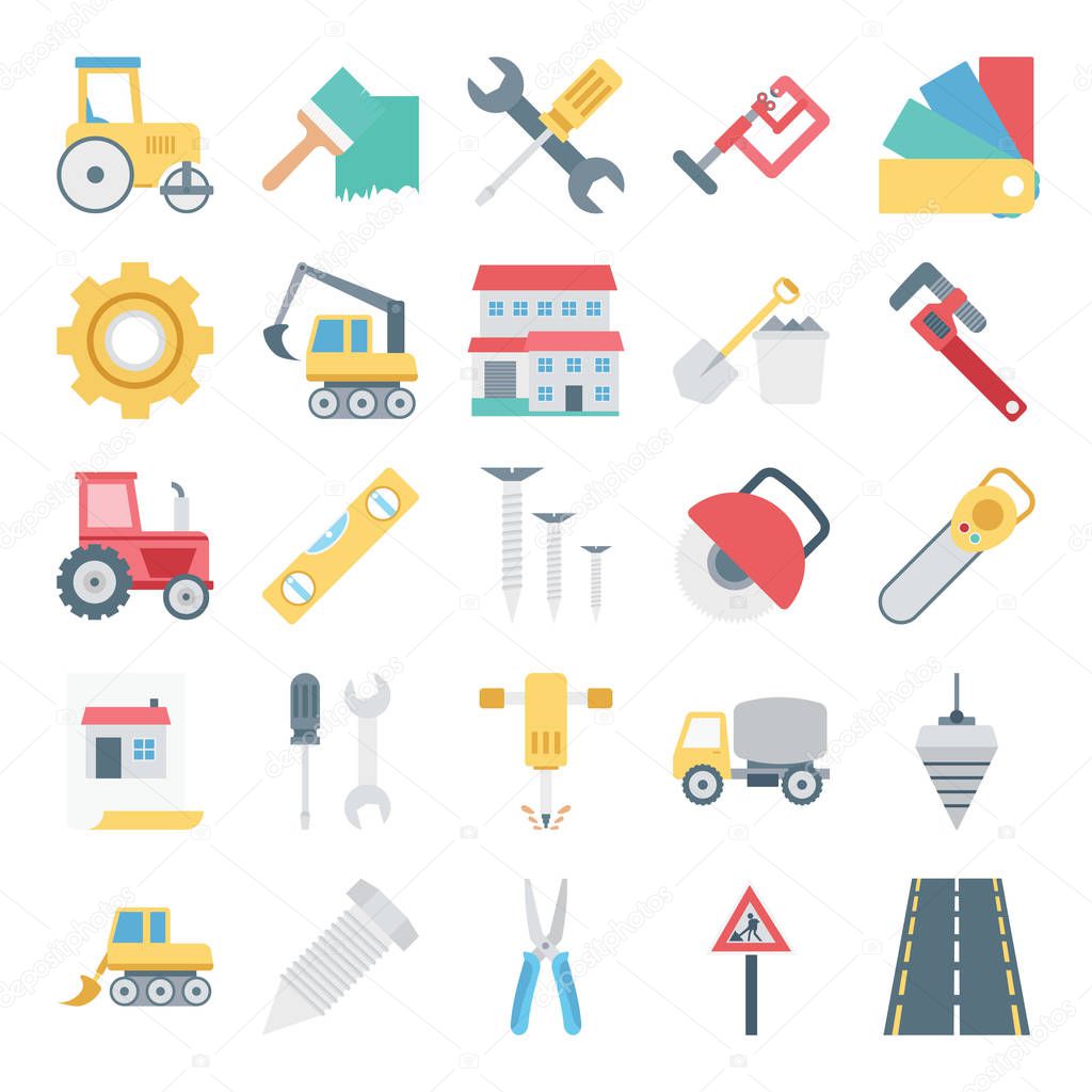 Construction Isolated Vector Icons Set Consist truck, miner, wall, tools, barrier, cone, traffic, buildings and brick, 