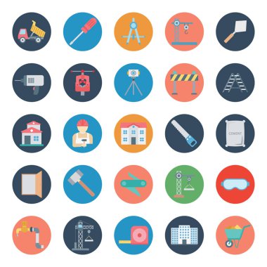 İnşaat izole vektör simgeler ayarla oluşur buldozer, İngiliz anahtarı, c kelepçe, kamyon, bina, beton ve yol