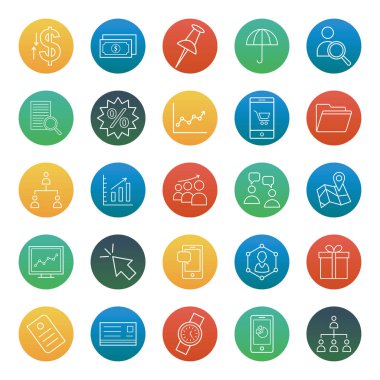 Ticaret izole vektör simgeler kümesi oluşur ile bina, grafik, takım, doları, pasta grafik, gölge, cüzdan, portföy ve hesap makinesi 