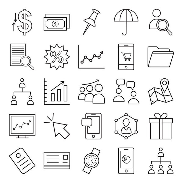 Торговые изолированные векторные иконки состоят из построения, графика, команды, доллара, диаграммы пирогов, тени, кошелька, портфеля и калькулятора
 