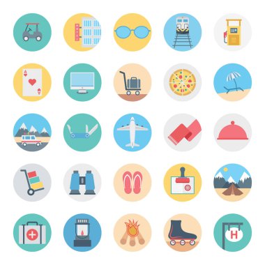 Boş zaman, seyahat ve tur izole vektör simge çanta, pasaport, sycle, yol, teleskop, rugby ve plaj ile oluşur,