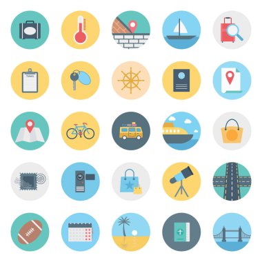 Boş zaman, seyahat ve tur izole vektör simge çanta, pasaport, sycle, yol, teleskop, rugby ve plaj ile oluşur,