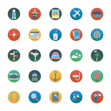 İzole vektör simgeler kümesi oluşur gemi, çanta, pasaport, palmiye ağacı, tren, kamera ve dağ ile seyahat 
