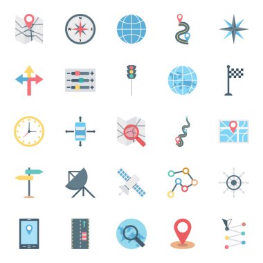 Harita ve PIN izole vektör simgeler kümesi oluşur küre, bayrak, oklar, harita PIN, aygıt ve trafik sinyalleri ile