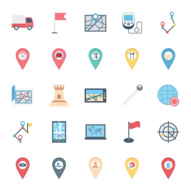 Harita ve PIN izole Vector Icons set van, bayrak, aygıt, PIN ve Kalesi ile oluşur