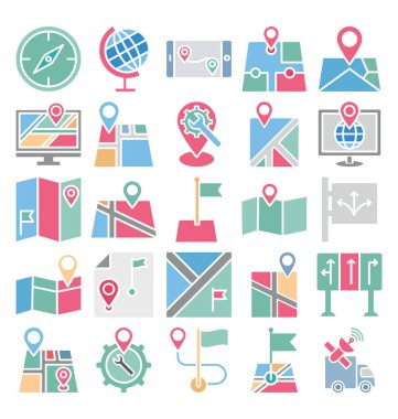 Kolayca değiştirebilen veya değiştirebilen Harita ve Gezinme İzole Vektör Simgeleri kümesi