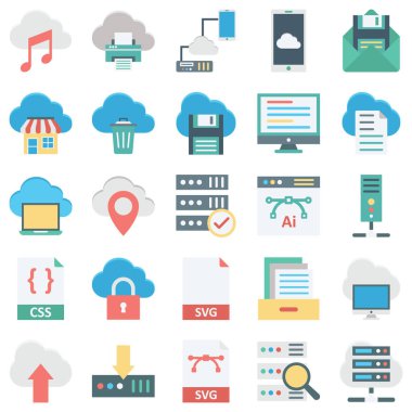 Kolayca değiştirebilen veya değiştirebilen Bulut Bilgi İşlem ve Veri Depolama Renk Vektör Simgeleri ayarlanır