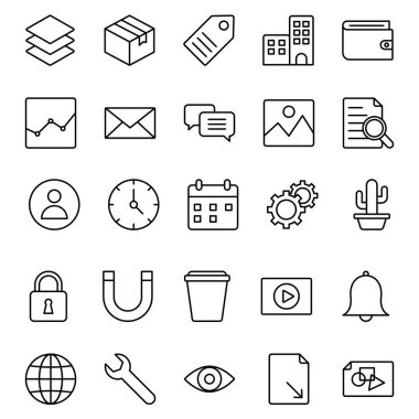 Bilgisayar, dosyalar, arama, megafon, tamamen düzenlenebilir vektör simgeleri