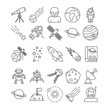 Uzay ve Gezegenler İzole edilmiş Vektör simgeleri her bir simge kolaylıkla değiştirilebilir veya düzenlenebilir. Çarpışma, kuyruklu yıldız, Alien, bilim kurgu, bilim, gemi, UFO, ekran, İletişim, radyo, kule, elektrik, yönelim ve gezegenler simgelerinden oluşur.