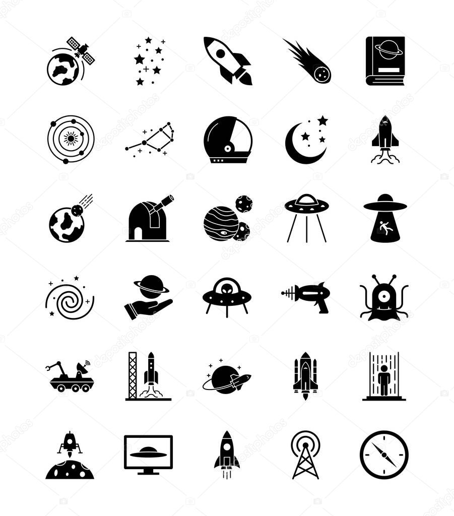 Space and Planets Isolated Vector icons set every single icons can be easily modified or edit this set consist with Collision, comet, Alien, fiction, science, ship, ufo, screen, Communication, radio, tower, Electricity, orientation and planets icons