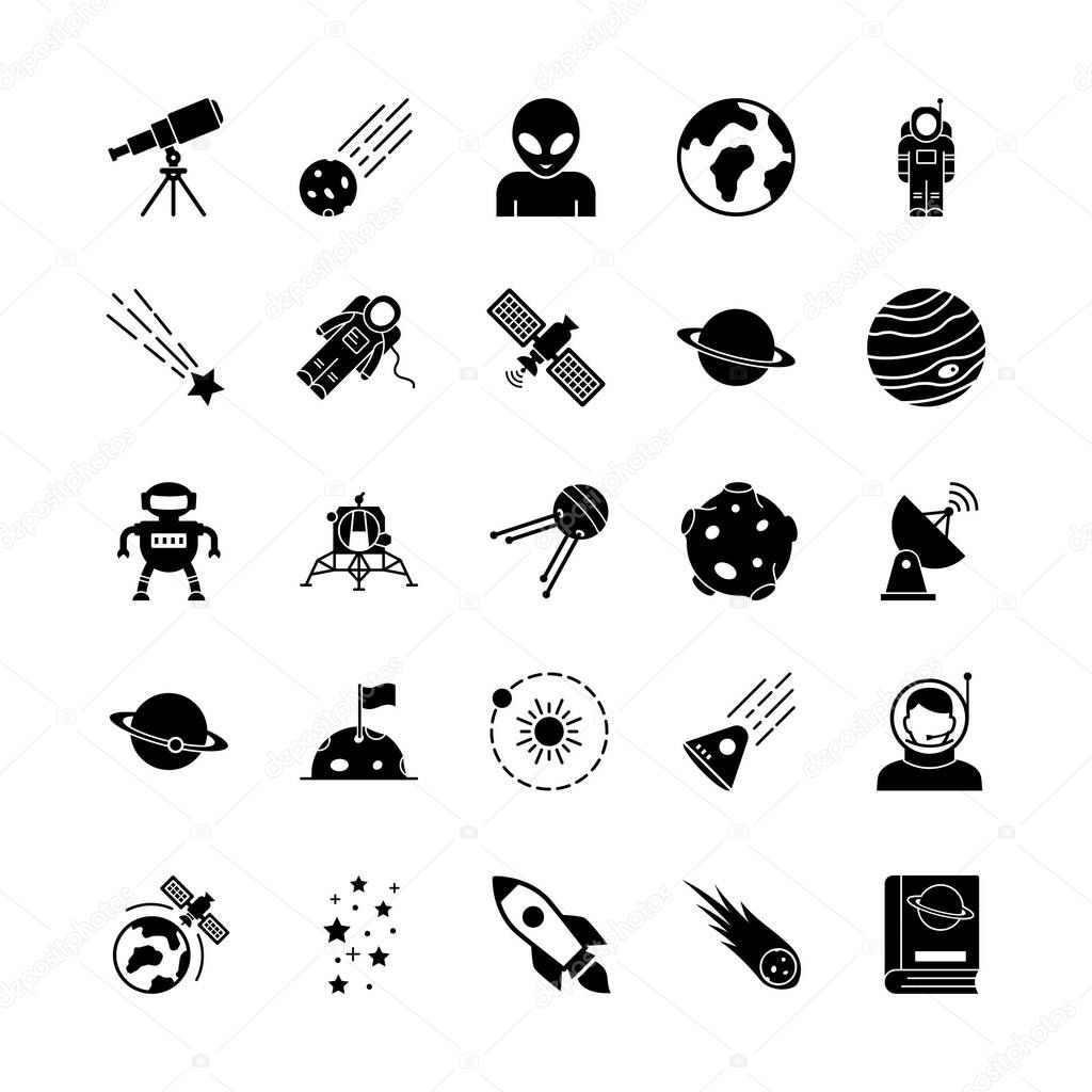 Space and Planets Isolated Vector icons set every single icons can be easily modified or edit this set consist with Collision, comet, Alien, fiction, science, ship, ufo, screen, Communication, radio, tower, Electricity, orientation and planets icons