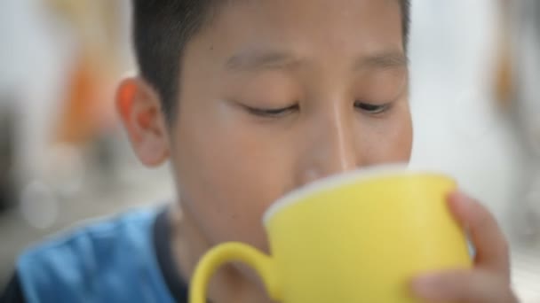 アジアの少年の被写し界深度 彼の口の中にミルクの泡ミルクのカップを飲む — ストック動画