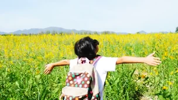 Menina Asiática Usando Óculos Sol Desfrutando Campo Flores Amarelas — Vídeo de Stock