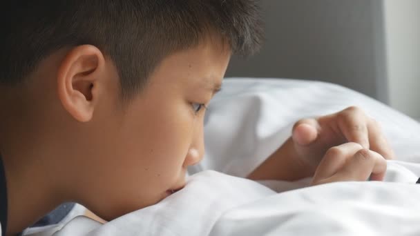 Years Old Kid Playing Computer Games While Laying His Bed — Stock Video