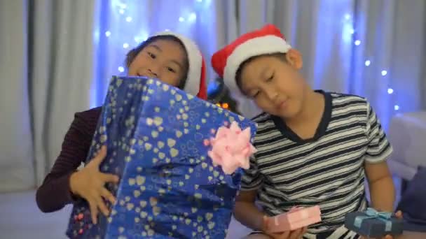 男孩和女孩 问候和生日概念 愉快的微笑的女孩藏品礼物盒 — 图库视频影像